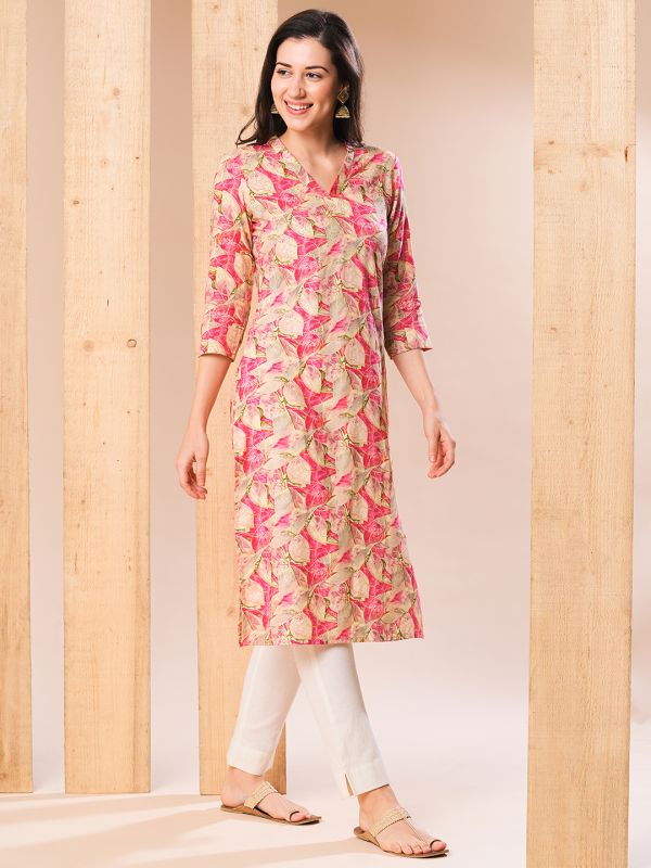 Globus Women Pink Allover Printed & Swarovski Studded Straight Kurta