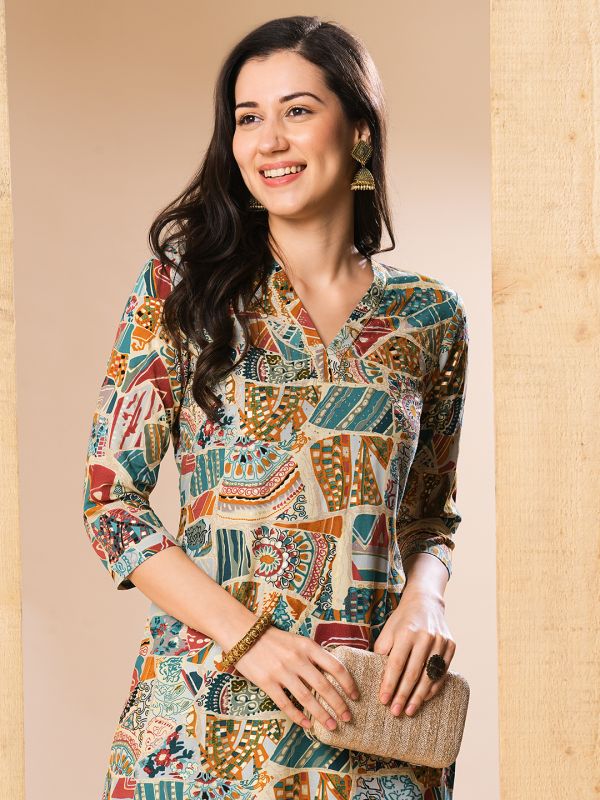 Globus Women Multi Allover Printed & Swarovski Studded Straight Kurta