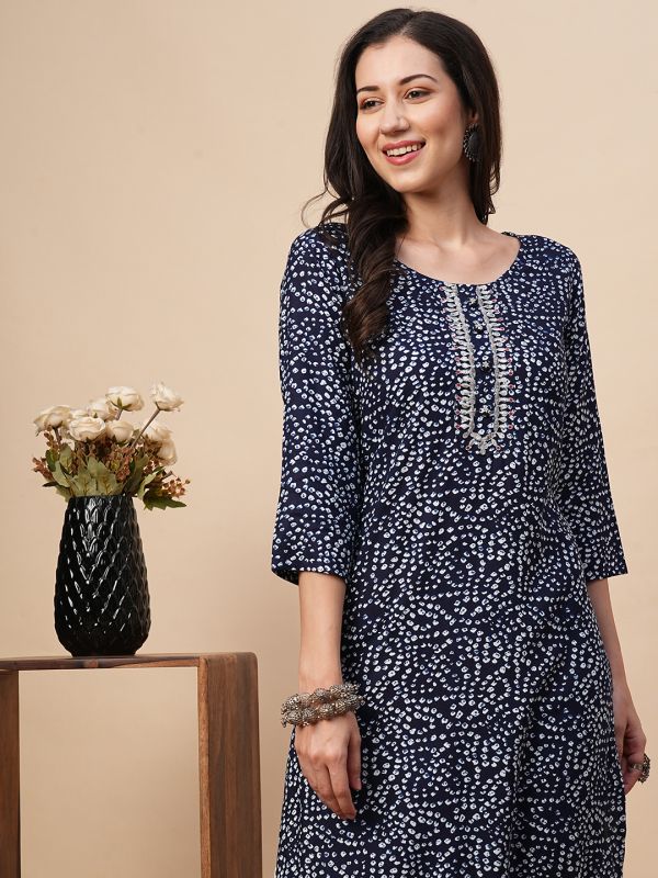 Globus Women Blue Allover Bandhani Print Straight Kurta