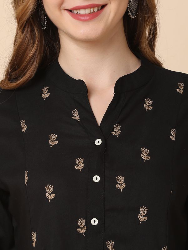 Globus Women Black Mandarin Collar Floral Embroidered Panelled A-Line Kurta