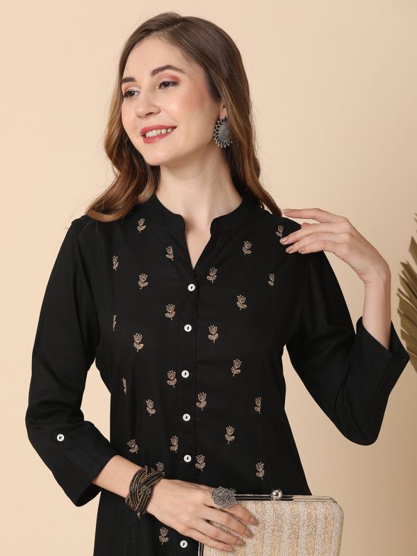 Globus Women Black Mandarin Collar Floral Embroidered Panelled A-Line Kurta