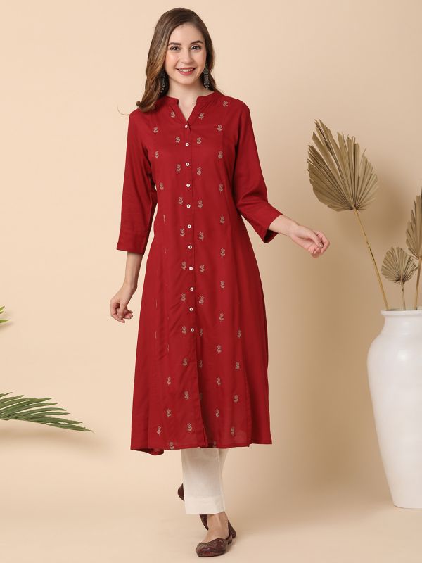 Globus Women Maroon Mandarin Collar Floral Embroidered Panelled A-Line Kurta