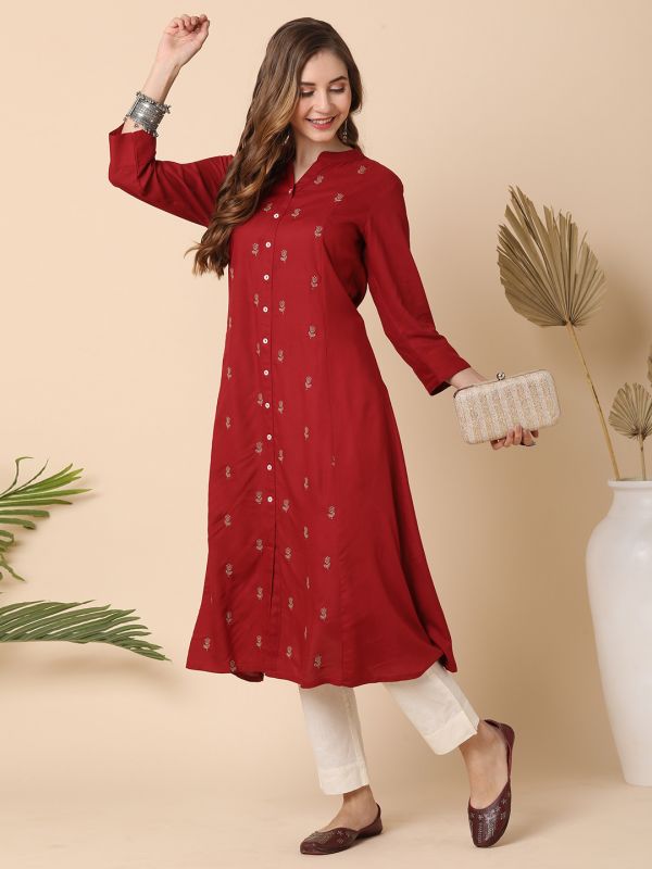 Globus Women Maroon Mandarin Collar Floral Embroidered Panelled A-Line Kurta