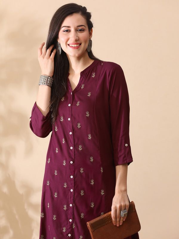 Globus Women Purple Mandarin Collar Floral Embroidered Panelled A-Line Kurta