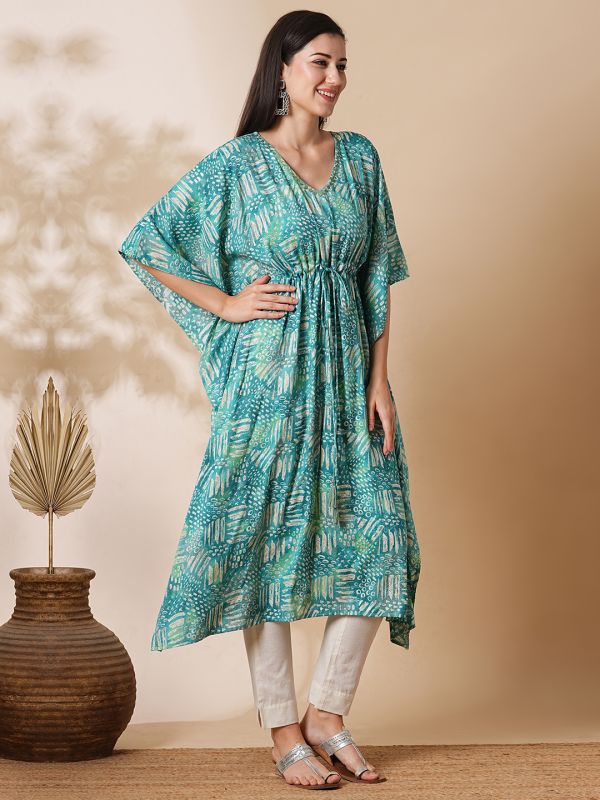 Globus Women Green Allover Printed & Sequinned V-Neck Waist Tie-Up Fusion Kaftan Kurta