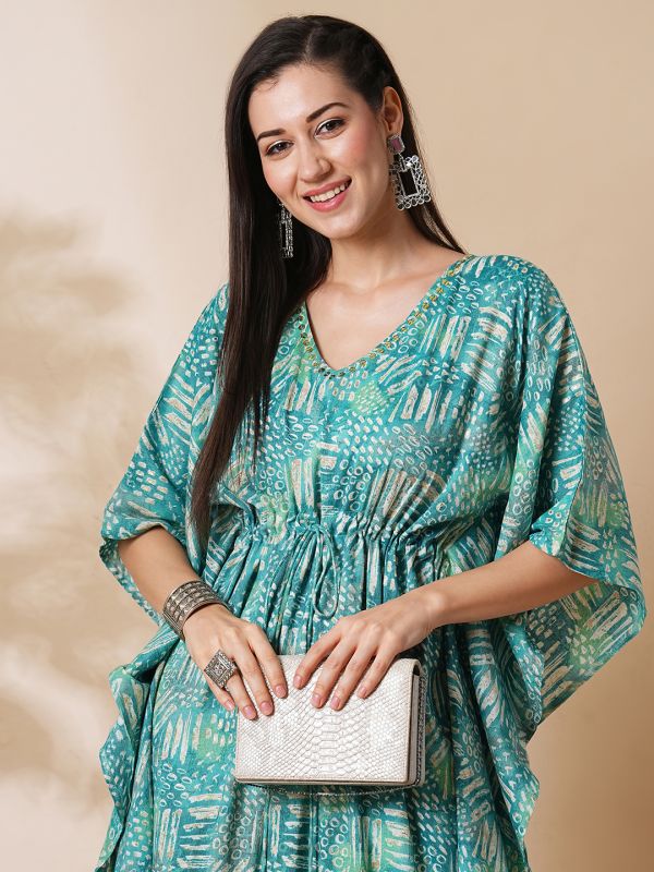 Globus Women Green Allover Printed & Sequinned V-Neck Waist Tie-Up Fusion Kaftan Kurta