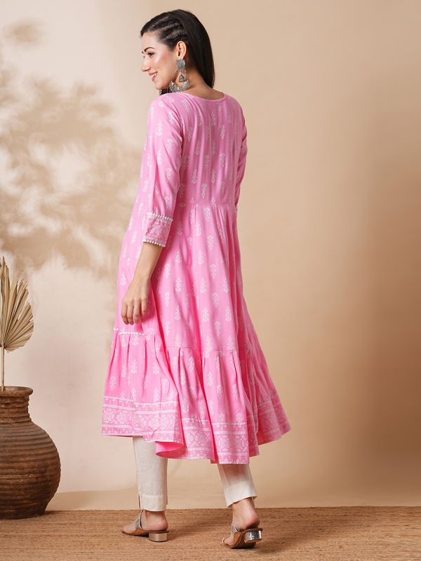 Globus Women Pink Allover Printed Lacework Flared Hem Panelled A-Line Workwear Kurta