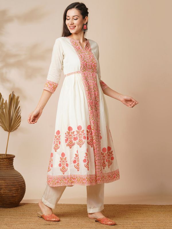 Globus Women Off-White Floral Printed Waist Tie-Up Panelled A-Line Calf Length Ethnic Kurta 