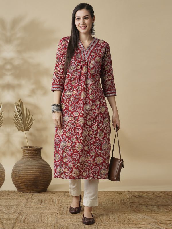 Globus Women Maroon Allover Floral Printed V-Neck Pleated A-Line Workwear Kurta