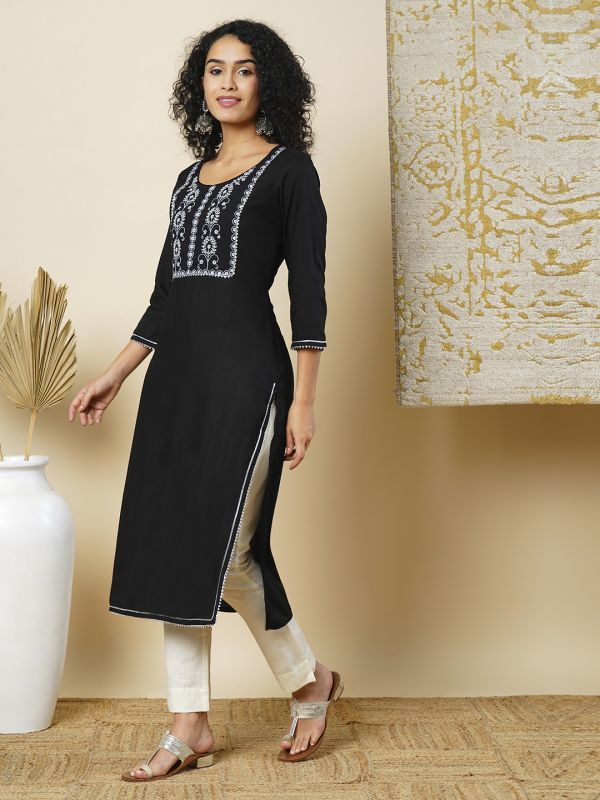 Globus Women Black Round Neck Embroidered Yoke Straight Workwear Kurta