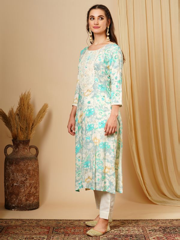 Globus Women Green Lace & Sequin Yoke Gold Foil Floral Print A-Line Workwear Kurta