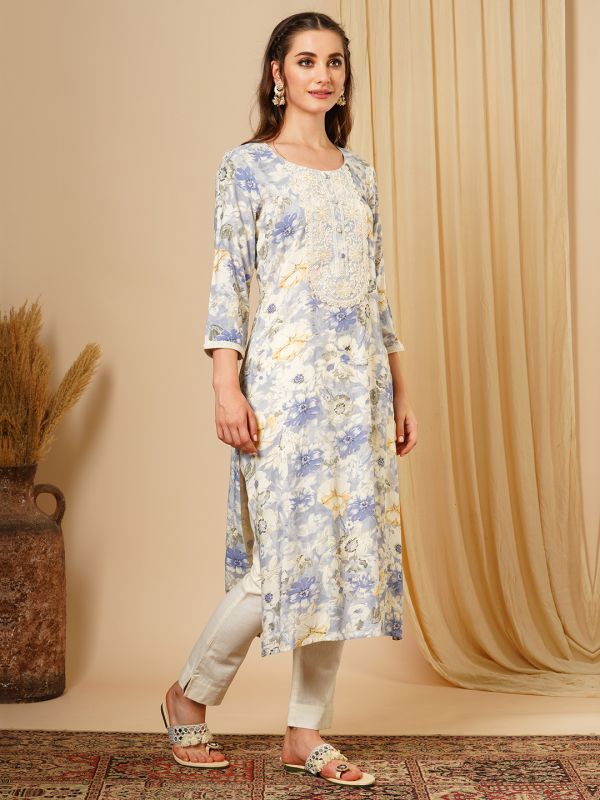 Globus Women Blue Lace & Sequin Yoke Gold Foil Floral Print A-Line Workwear Kurta