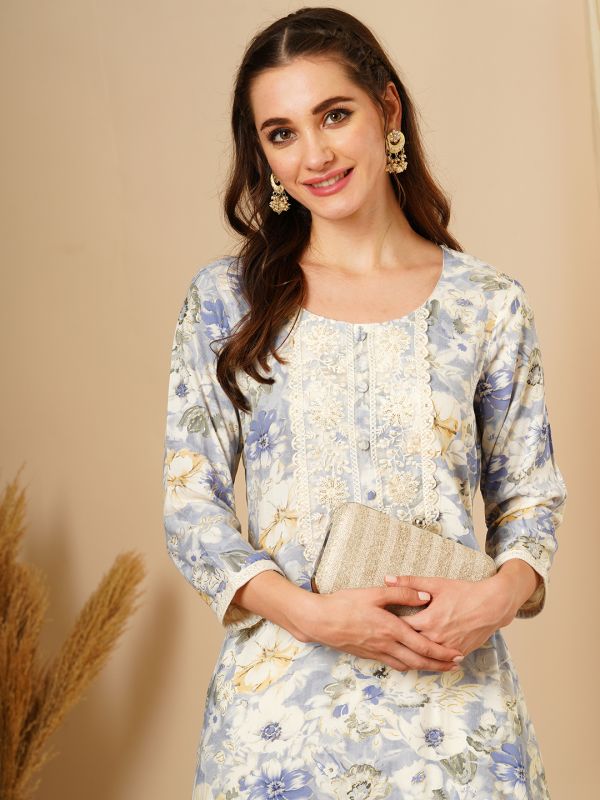 Globus Women Blue Lace & Sequin Yoke Gold Foil Floral Print A-Line Workwear Kurta