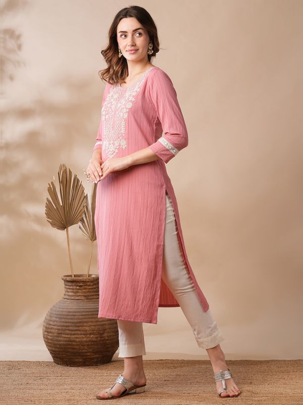 Globus Women Pink Sequinned & Floral Embroidered Yoke Structured Fabric Straight Workwear Kurta