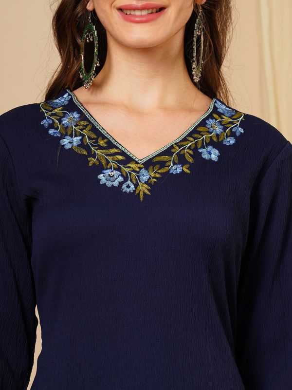 Globus Women Blue Floral Embroidered V-Neck A-Line Workwear Kurta