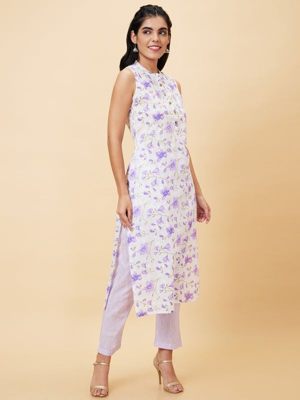 Globus Women Lilac Printed Straight Kurta Set with Trouser