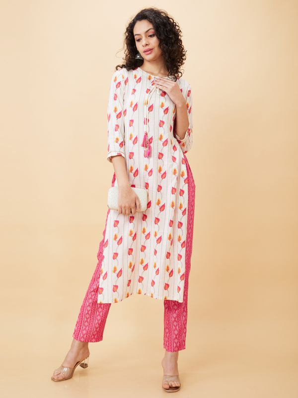 Globus Women Off White Printed Straight Kurta Set with Trouser