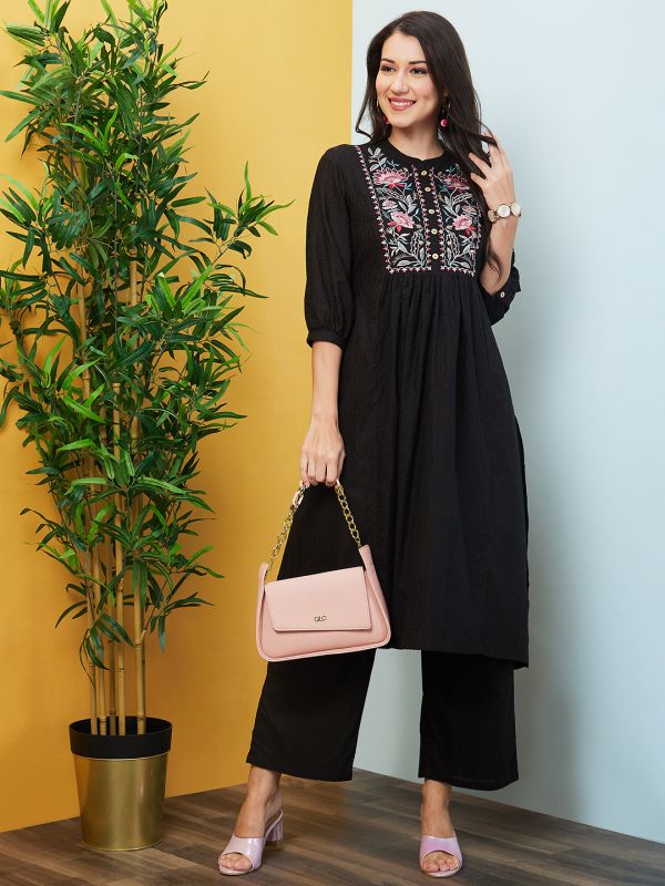 Globus Women Black Floral Embroidered Yoke Band Collar Gathered Panelled A-Line Kurta & Trouser Set