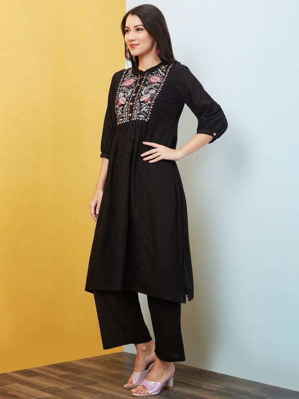 Globus Women Black Floral Embroidered Yoke Band Collar Gathered Panelled A-Line Kurta & Trouser Set