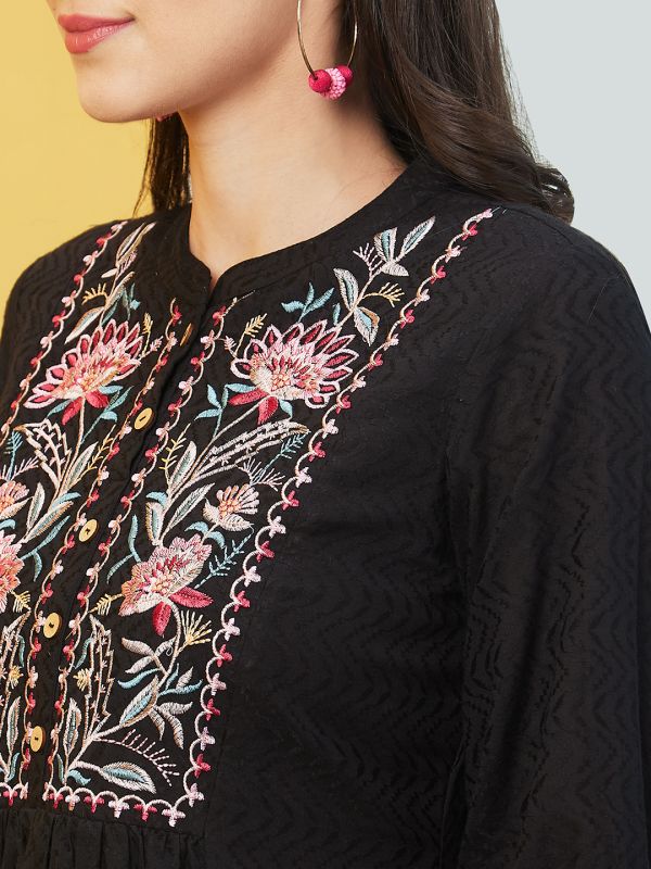 Globus Women Black Floral Embroidered Yoke Band Collar Gathered Panelled A-Line Kurta & Trouser Set