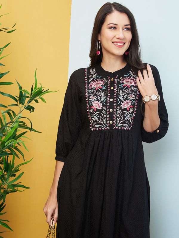 Globus Women Black Floral Embroidered Yoke Band Collar Gathered Panelled A-Line Kurta & Trouser Set