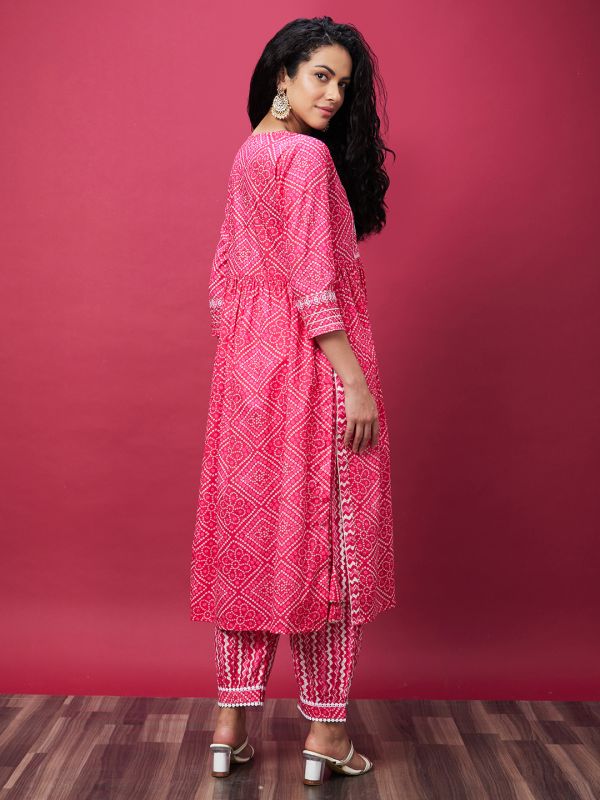 Globus Women Pink Ethnic Motifs Print Kurta Set with Trouser