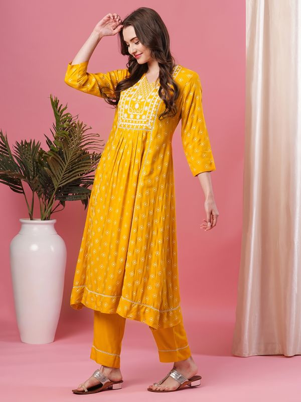 Globus Women Yellow Embroidered Yoke Allover Printed Calf Length A-Line Kurta With Narrow Pant