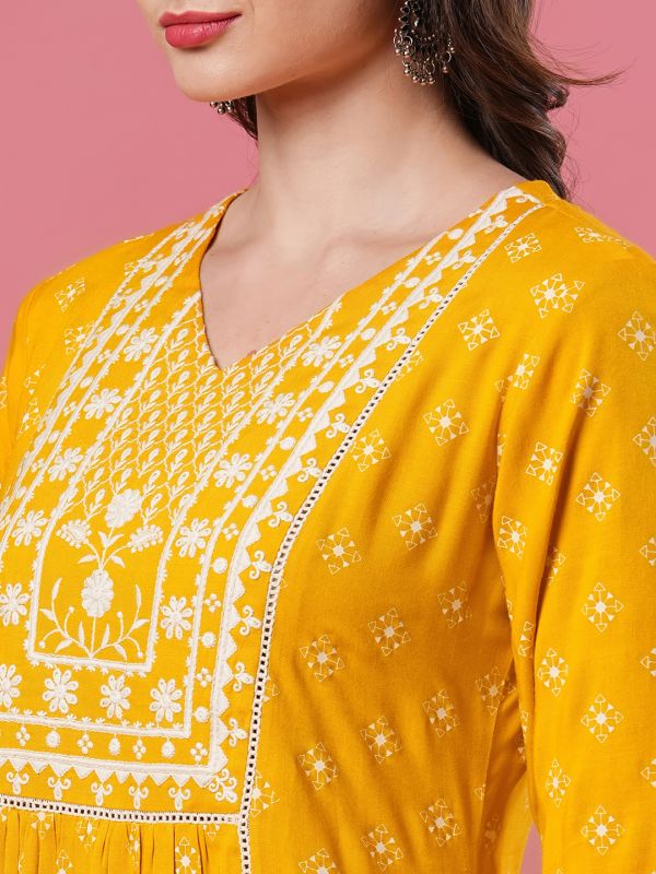 Globus Women Yellow Embroidered Yoke Allover Printed Calf Length A-Line Kurta With Narrow Pant