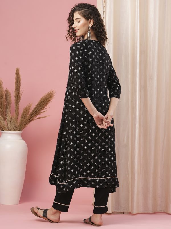 Globus Women Black V-Neck Embroidered Yoke Panelled Allover Printed A-Line Kurta With Narrow Pants