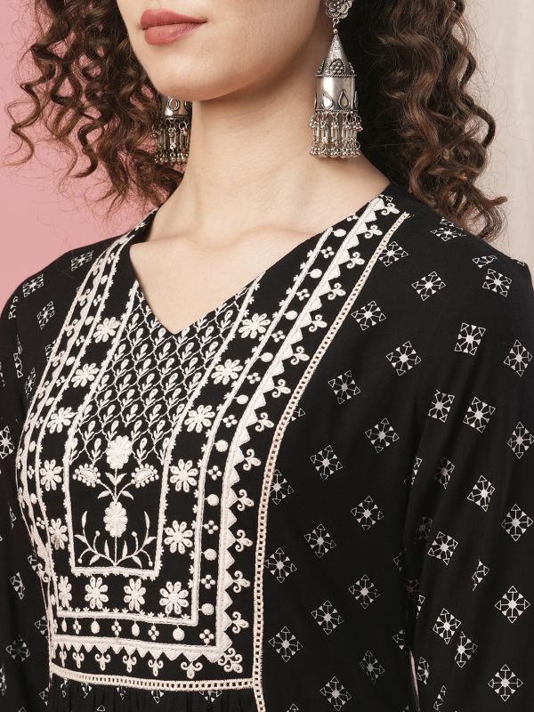 Globus Women Black V-Neck Embroidered Yoke Panelled Allover Printed A-Line Kurta With Narrow Pants