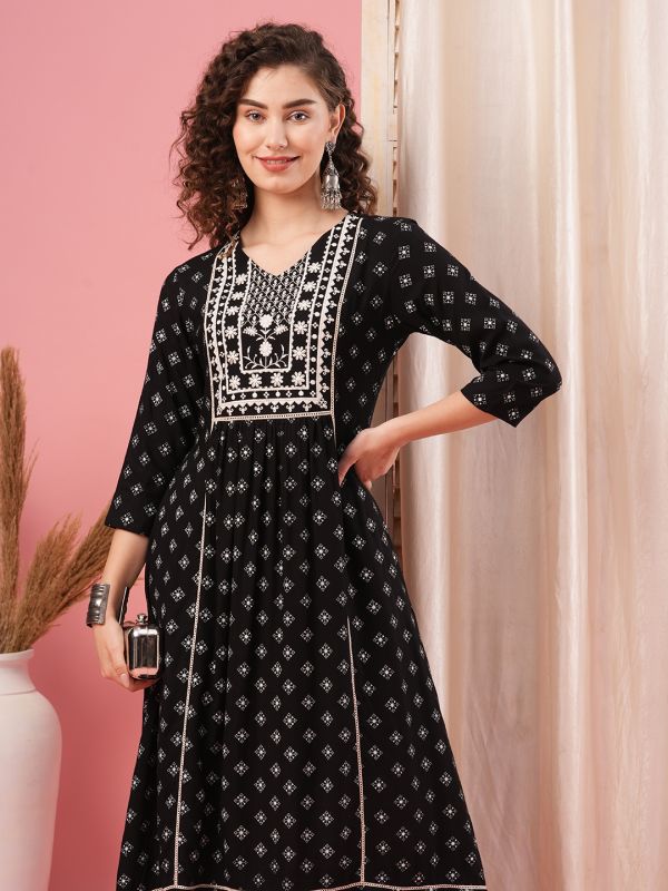 Globus Women Black V-Neck Embroidered Yoke Panelled Allover Printed A-Line Kurta With Narrow Pants