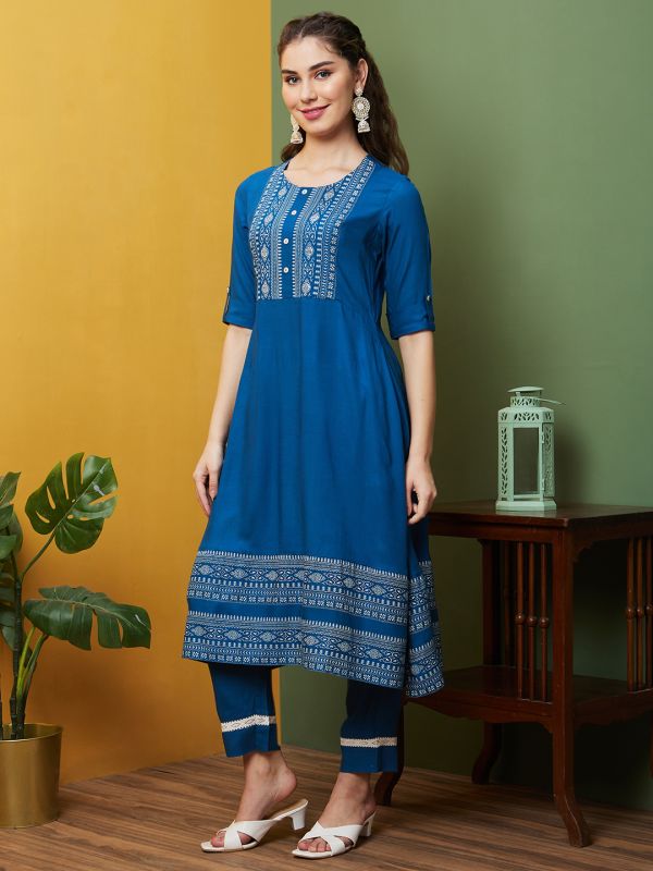 Globus Women Blue Yoke Printed Round Neck A-Line Kurta Set with Trousers