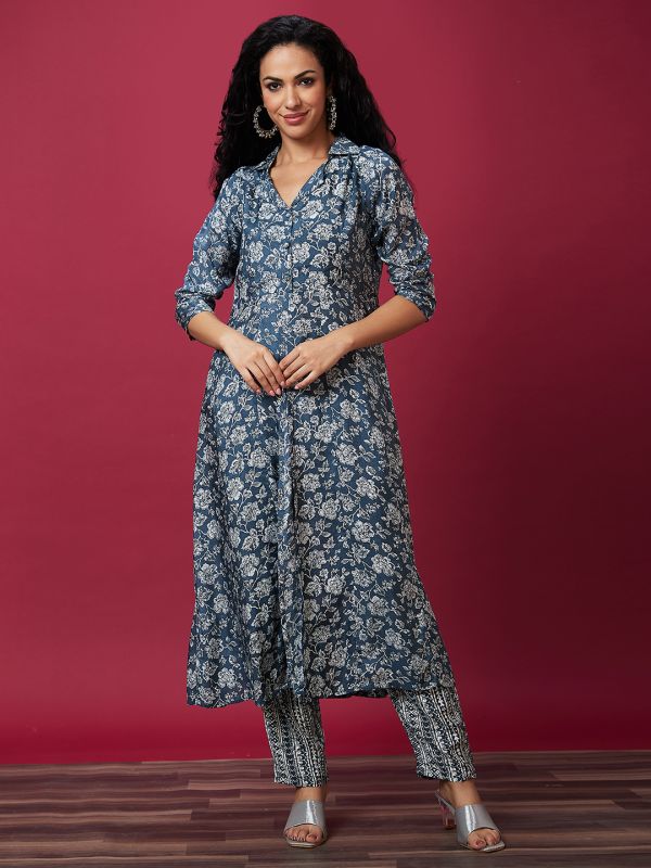 Globus Women Blue Floral Print Shirt Collar Straight Fusion Kurta Set With Pant