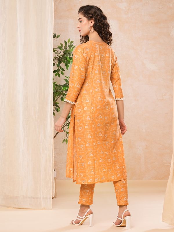 Globus Women Orange Printed V-Neck A-Line Kurta With Pant