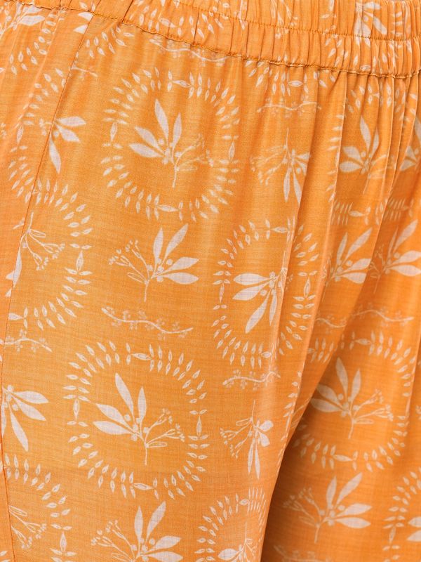 Globus Women Orange Printed V-Neck A-Line Kurta With Pant