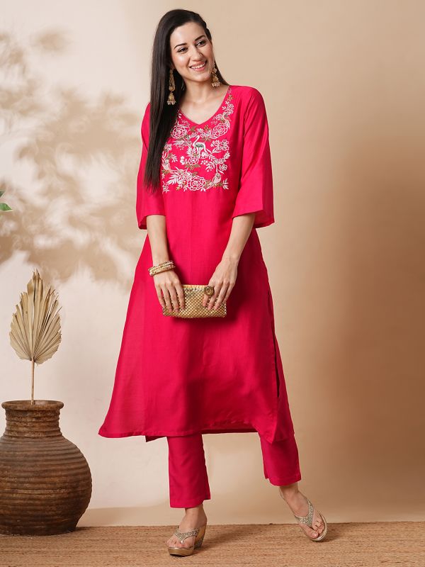 Globus Women Pink Embroidered Yoke Bell Sleeves A-Line Festive Kurta With Straight Trousers