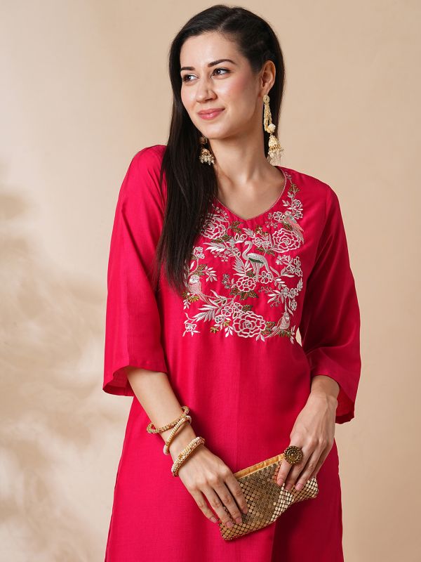 Globus Women Pink Embroidered Yoke Bell Sleeves A-Line Festive Kurta With Straight Trousers