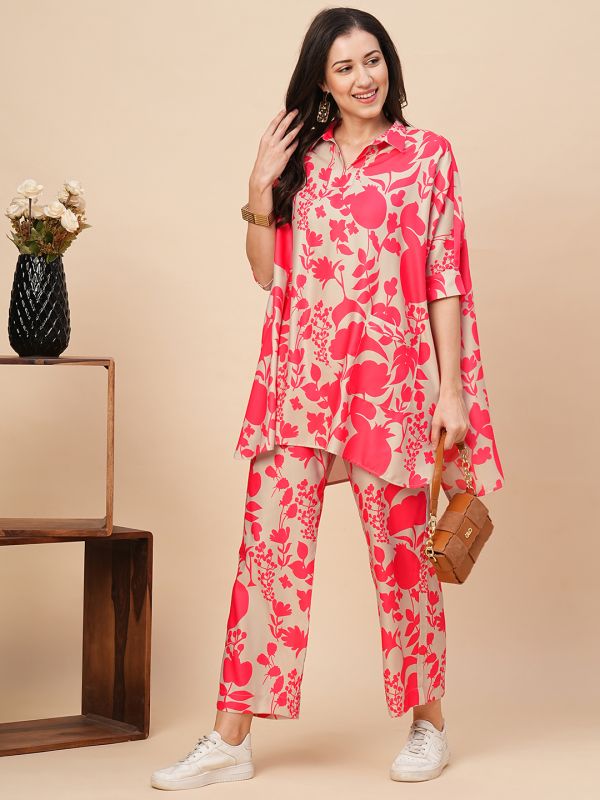 Globus Women Beige & Pink Allover Floral Print Shirt Style Kaftan Top & Trousers Co-Ord Set