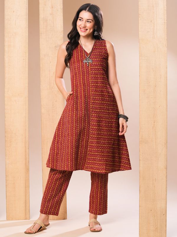 Globus Women Maroon V-Neck Geometric Print Kantha Work A-Line Kurta & Pants Set