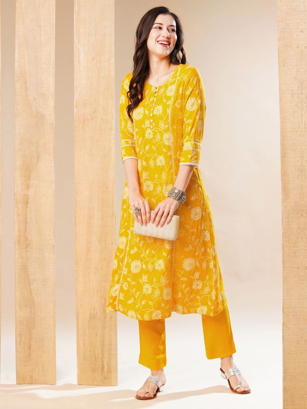 Globus Women Yellow Floral Panelled A-Line Workwear Kurta & Pant Set