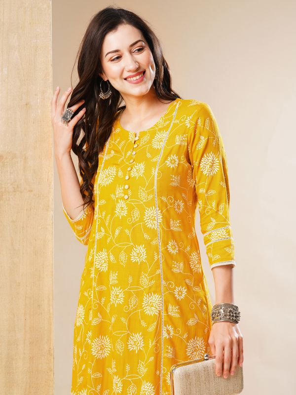 Globus Women Yellow Floral Panelled A-Line Workwear Kurta & Pant Set