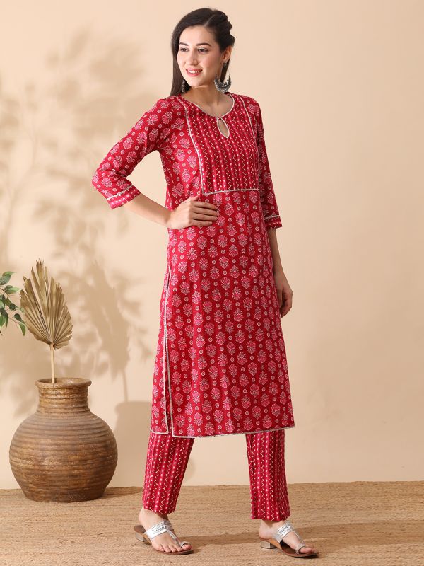 Globus Women Pink Keyhole Neck Allover Printed Straight Workwear Kurta & Trouser Set