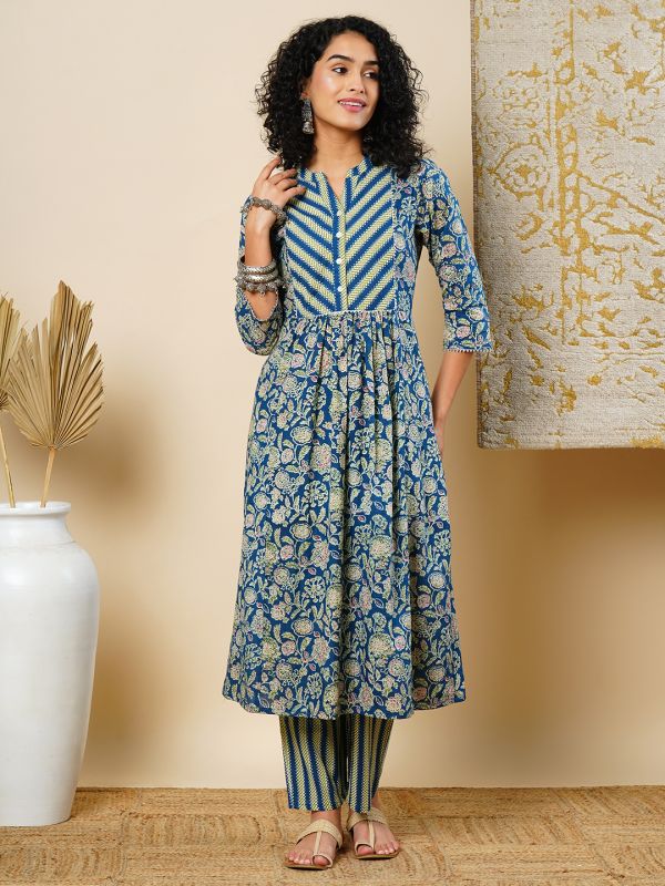 Globus Women Blue Floral Printed Mandarin Collar Pleated A-Line Workwear Kurta & Striped Pants Sets