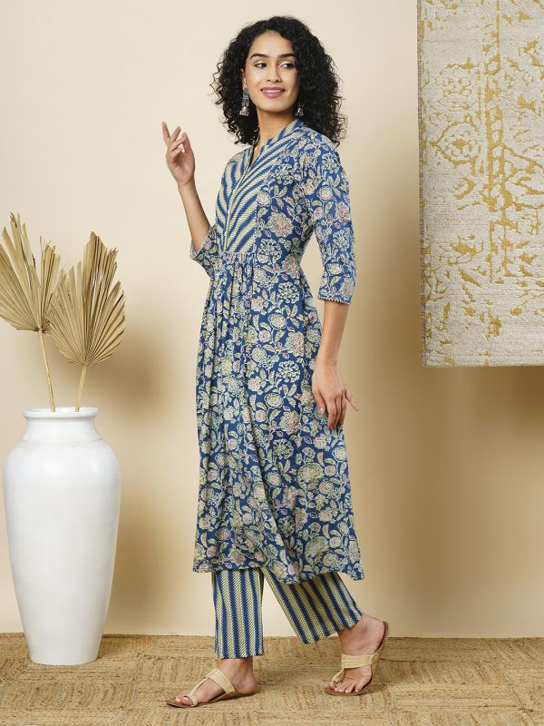 Globus Women Blue Floral Printed Mandarin Collar Pleated A-Line Workwear Kurta & Striped Pants Sets