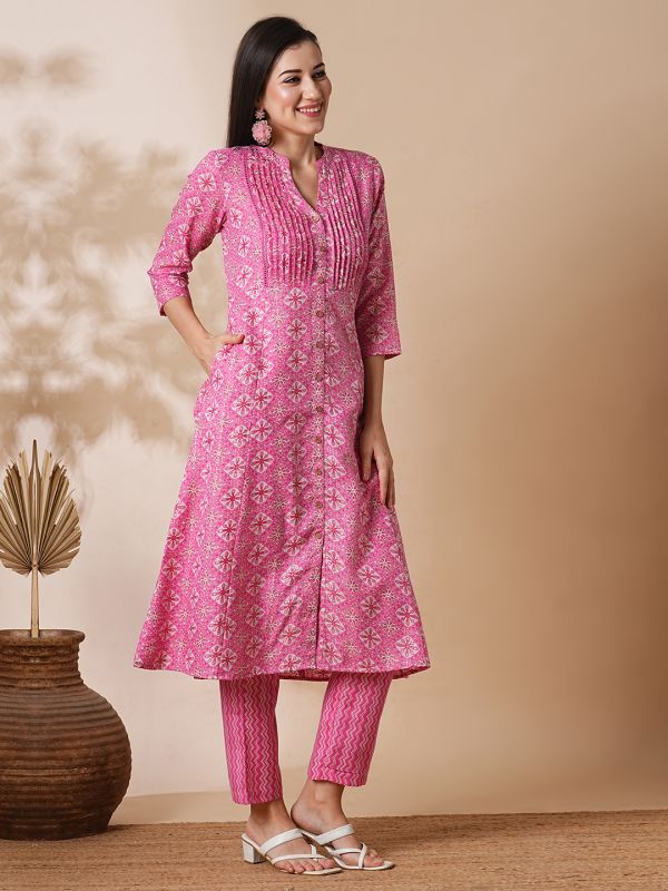 Globus Women Pink Mandarin Neck With V Cut Allover Printed Pintuck Detailing A-Line Workwear Kurta With Trousers Set