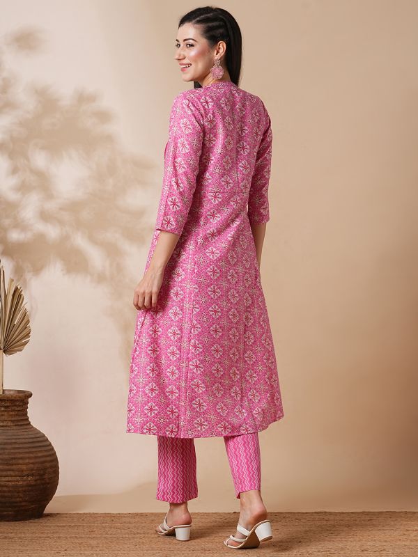 Globus Women Pink Mandarin Neck With V Cut Allover Printed Pintuck Detailing A-Line Workwear Kurta With Trousers Set