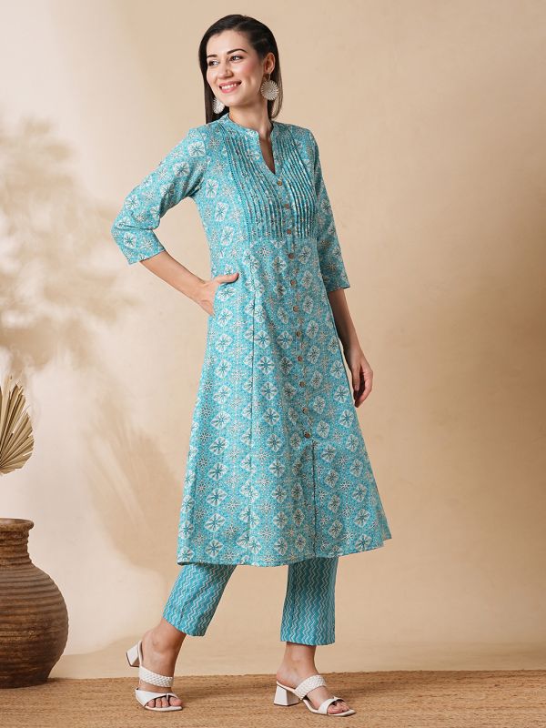 Globus Women Blue Mandarin Neck With V Cut Allover Printed Pintuck Detailing A-Line Workwear Kurta With Trousers Set