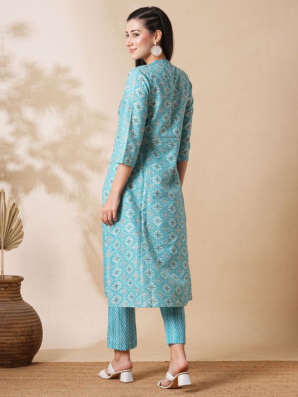 Globus Women Blue Mandarin Neck With V Cut Allover Printed Pintuck Detailing A-Line Workwear Kurta With Trousers Set