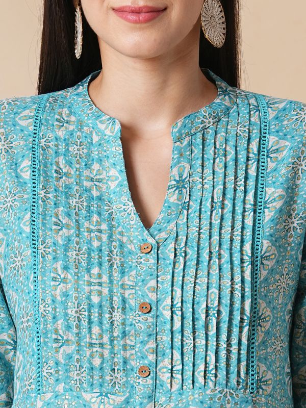 Globus Women Blue Mandarin Neck With V Cut Allover Printed Pintuck Detailing A-Line Workwear Kurta With Trousers Set