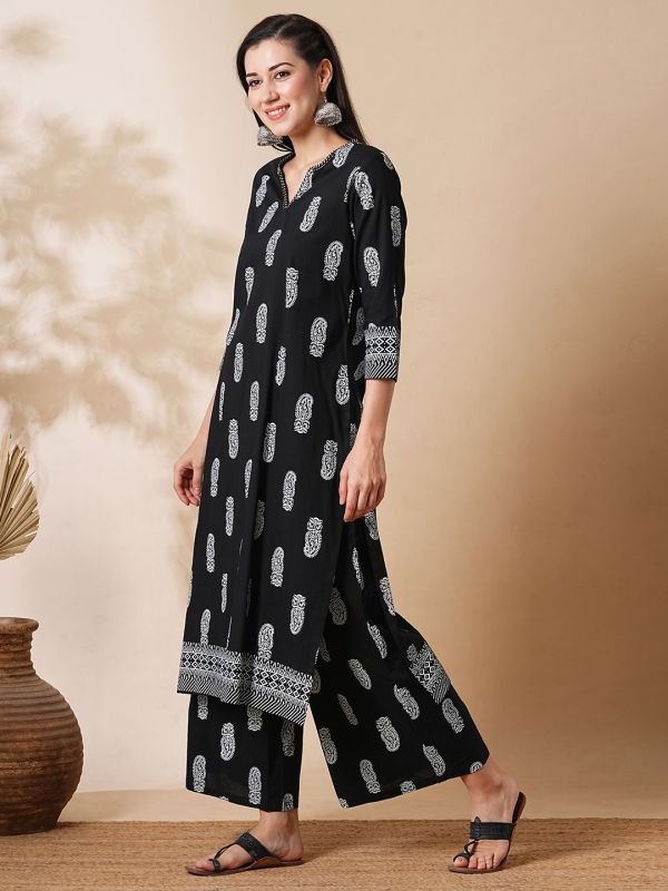 Globus Women Black Allover Paisley Printed Straight Workwear Kurta & Palazzos Set